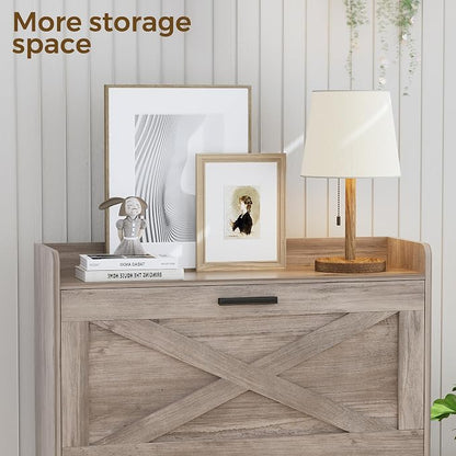 Homleke Farmhouse Shoe Storage Cabinet with Flip Drawers & Barn Door Design | Slim Narrow Shoe Rack Cabinet with Adjustable Shelves & Hidden Storage for Entryway, Foyer, Hallway, Living Room, Greige