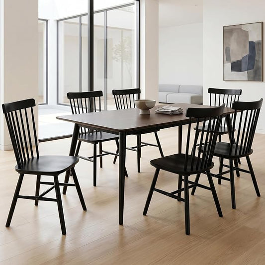 AreShark Windsor Dining Chairs, Farmhouse Wooden Dining Room Chairs, Solid Wood Kitchen Chairs with Spindle Back Set of 6, Black