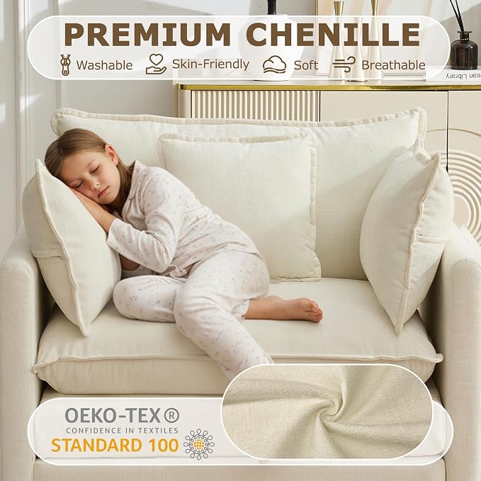 Modular Sectional Sofa Cloud Couch, Deep Seat Washable Chenille Fabric Sofa with Throw Pillows, Singel Seat Modern Couches for Living Room Bedroom Apartment, Beige