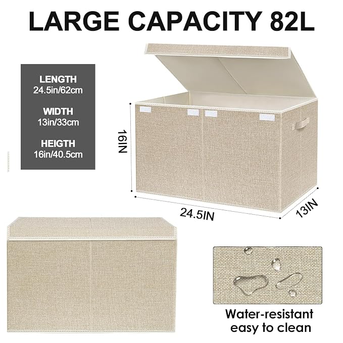 Large Toy Box Chest Storage with Lid - Collapsible Kids Toys Boxes Organizer Bins Baskets with Handles for Boys, Girls, Nursery, Playroom, Clothes, Blanket, Bedroom(Beige)