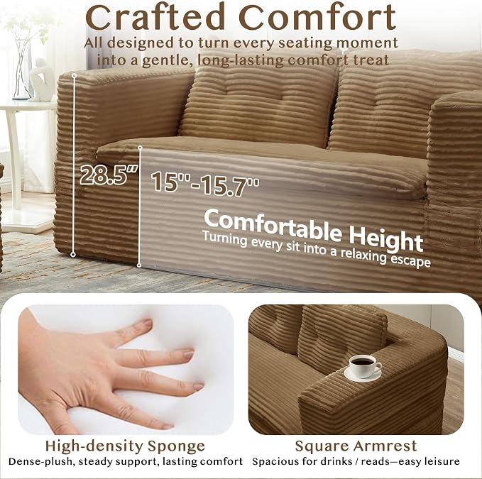 80'' Futon Sofa Bed, King Size Foldable Sleeper Sofa, Corduroy Boneless Loveseat Couch with Chaise Lounge, 3 Pillows, Blanket, Upholstered Sectional Couches for Living Room, Bedroom, Camel