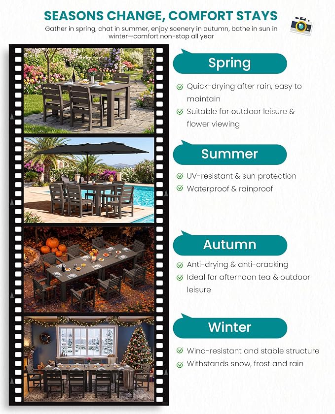 SERWALL HDPE Dining Set for 8: 2 Umbrella Hole Tables + 8 Chairs. for Garden, Backyard, Poolside. Coffee