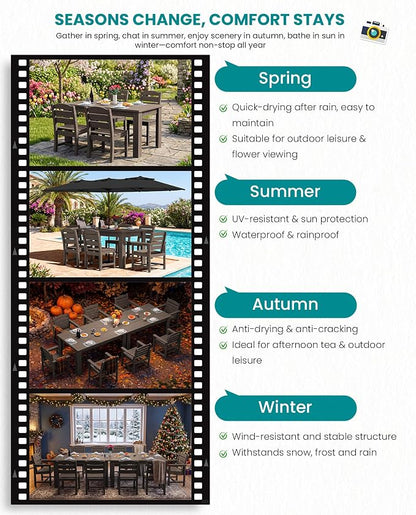 SERWALL HDPE Dining Set for 8: 2 Umbrella Hole Tables + 8 Chairs. for Garden, Backyard, Poolside. Coffee