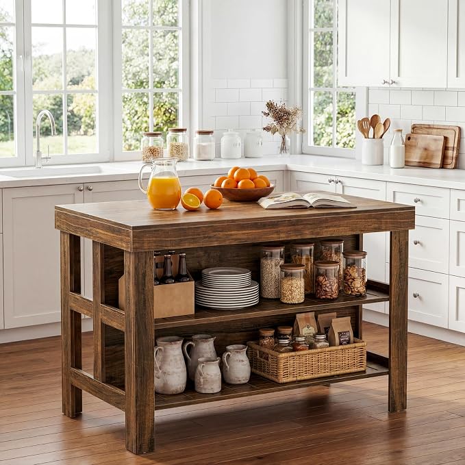 Tribesigns 55.1-Inch Kitchen Island with Seating and Storage, 3-Tier Large Farmhouse Island Table with Large Countertop and Leg Room for Kitchen Dining Room (deep Brown)