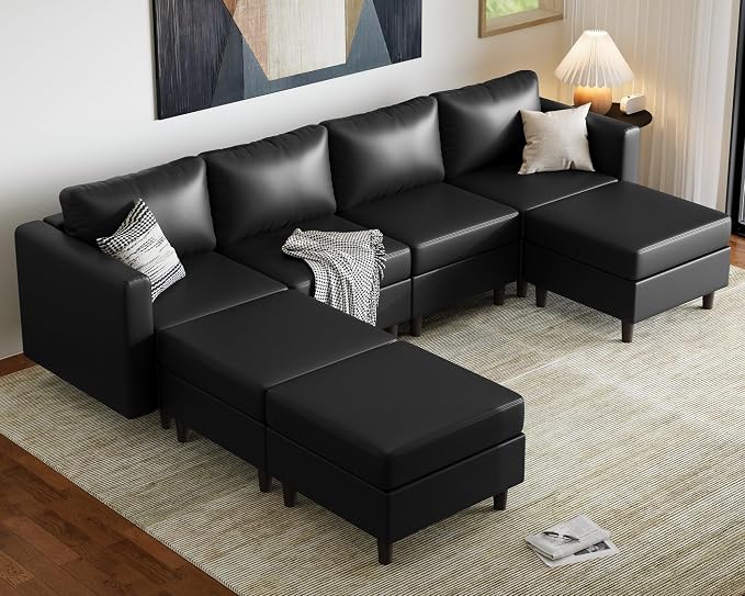 ABCASA 118.5" Faux Leather Modular Sectional Sofa, 7 Seater U Shaped Couch with Storage Seat with Reversible Chaise Deep Seat for Living Room Black