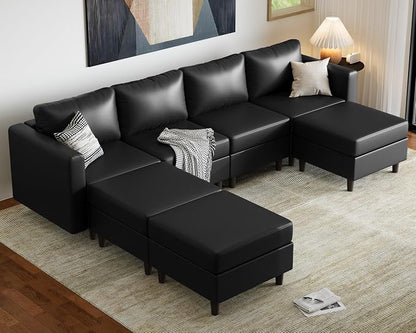 ABCASA 118.5" Faux Leather Modular Sectional Sofa, 7 Seater U Shaped Couch with Storage Seat with Reversible Chaise Deep Seat for Living Room Black