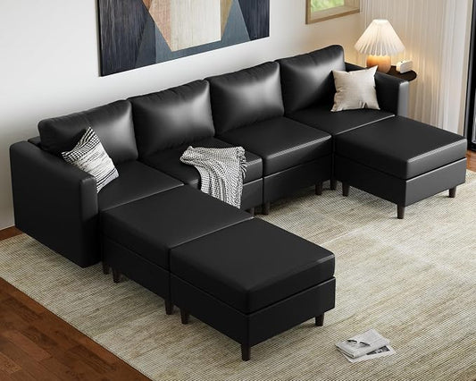 ABCASA 118.5" Faux Leather Modular Sectional Sofa, 7 Seater U Shaped Couch with Storage Seat with Reversible Chaise Deep Seat for Living Room Black