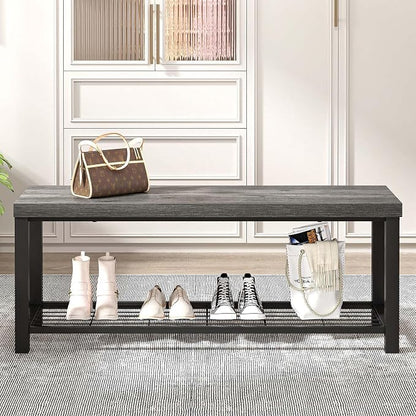 EXCEFUR Entryway Bench, Industrial Metal and Wood Storage Bench for Living Room, Indoor Shoe Rack Bench Seat, 43.3 Inch Grey