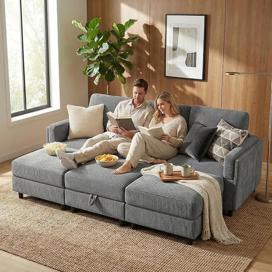 KKL 6 Seaters Sofa Bed for Living Room - Sofa Couch with Storage Ottoman, Convertible L/U-Shaped Sleeper Couch for Living Room, Modern Reversible Design, Grey