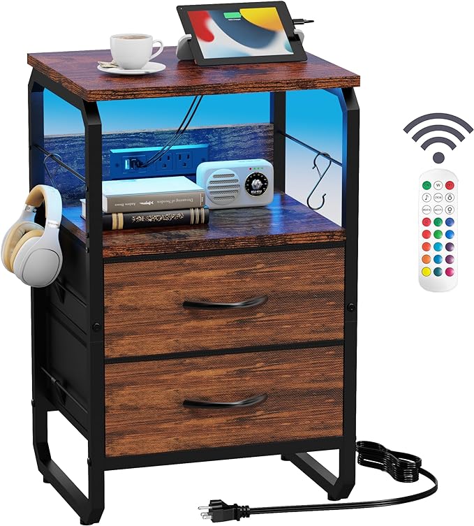 runjuly LED Nightstand, Bedside Table with Storage, End Table with Drawers & Hooks, Small Table with Charging Station, AC Outlets, USB-C Ports, Night Stand Table for Bedroom, Dorm, Rustic Brown