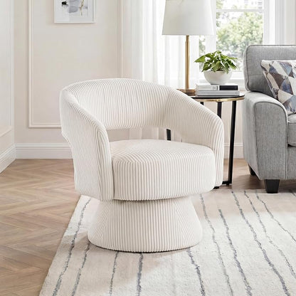 Lexicon 360 Degree Swivel Accent Chair, Modern Comfy Corduroy Round Barrel Chair, Open Back, Plush Foam Cushions, Metal Swivel Base for Living Room/Bedroom/Office/Small Spaces, Beige