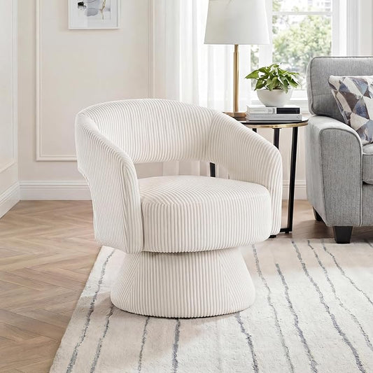 Lexicon 360 Degree Swivel Accent Chair, Modern Comfy Corduroy Round Barrel Chair, Open Back, Plush Foam Cushions, Metal Swivel Base for Living Room/Bedroom/Office/Small Spaces, Beige