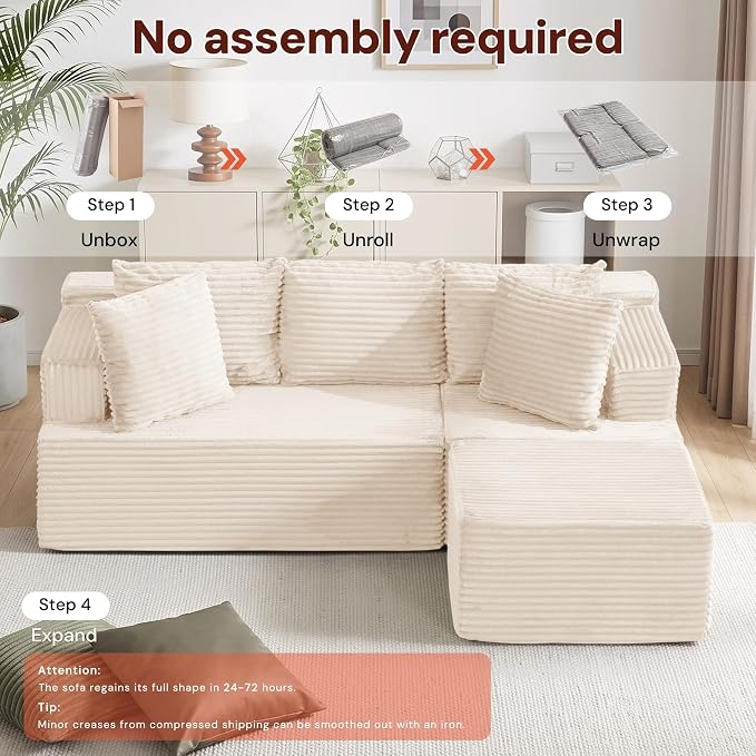 Korser Boneless Couches for Living Room, Cloud Couch Sectional with Ottoman, L-Shaped Sofa with Fluffy Comfy Corduroy Deep Seat, Bedroom, Apartment, No Assembly Required