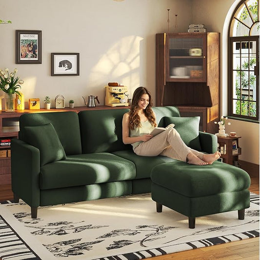 Welzona 83" Couches for Living Room, Teddy Sofa Couch with Storage Ottoman, L Shaped Couch with Movable Ottoman, Tool-Free Modular Sectional Sofa, All-Wood Sofas for Living Room 2 Pillows, Green