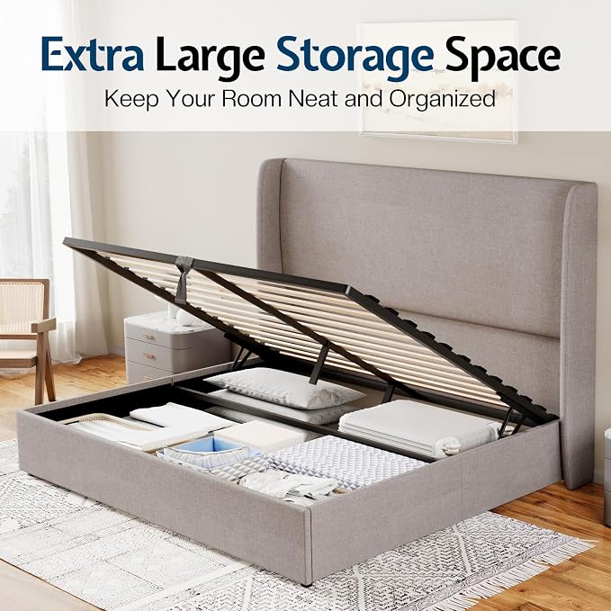 Jocisland Queen Size Upholstered Platform Bed Frame with Hydraulic Lift Storage, Wingback Headboard, Wood Slats Support, No Box Spring Needed, Linen Light Grey