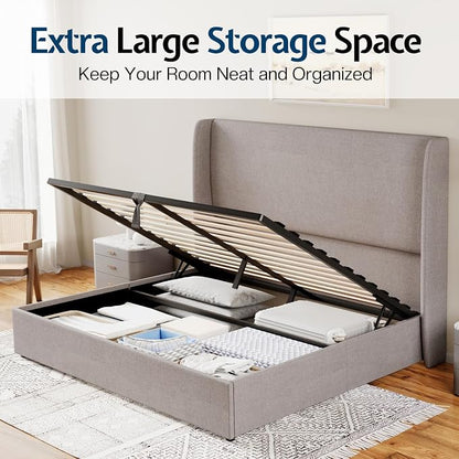 Jocisland Queen Size Upholstered Platform Bed Frame with Hydraulic Lift Storage, Wingback Headboard, Wood Slats Support, No Box Spring Needed, Linen Light Grey