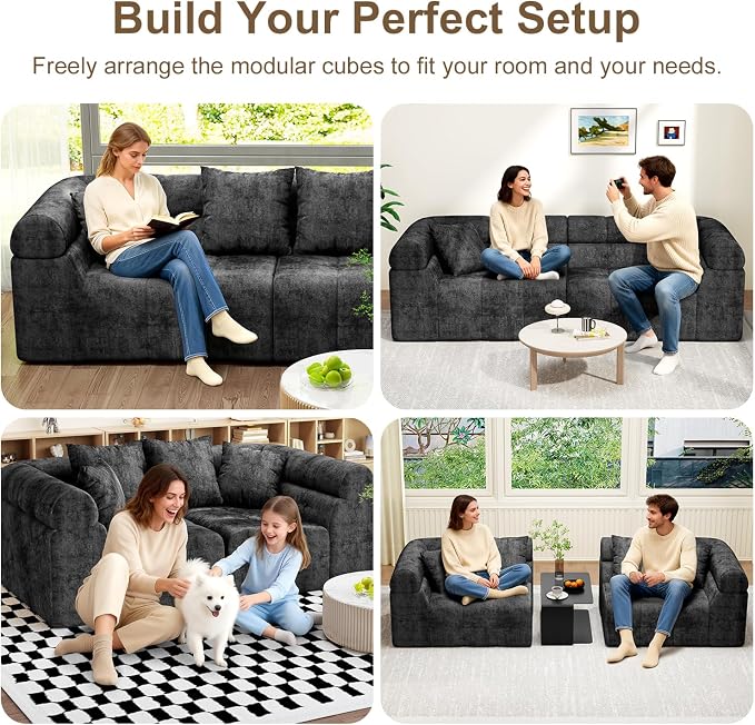 Modular Sectional Sofa Cloud Couch, Boneless Sleeper Bed for Living Room with No Assembly, Deep Seat & Pillows, Loveseat Configurations with Ergo Support & Storage Pocket, Grey