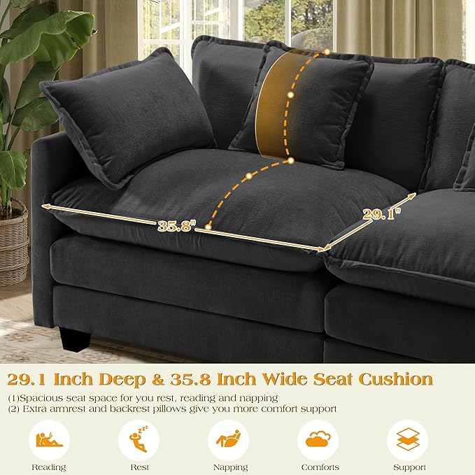 113.4" Modular Sectional Sofa,U Shaped Couch for Living Room,Modern Deep Seat Sofa 3 Seater Chenille Fabric Comfy Cloud Couches with Throw Pillows & Movable Ottoman