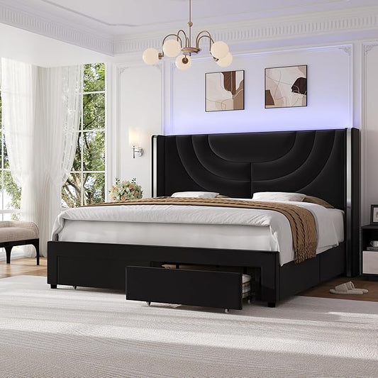 HITHOS Full Upholstered LED Bed Frame with 2 Storage Drawers, Velvet Platform Bed with Wingback Headboard, Solid Wooden Slats Support, No Box Spring Needed, Headboard Splicing Design, Black