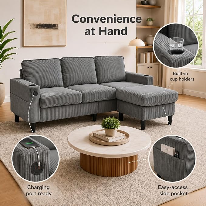 67'' L-Shaped Velvet Modular Sectional Couch Sofa with Ottoman, 3-Seat Convertible Cloud Deep Seat Sofa Couches for Living Room Bedroom Apartment, Cozy Chaise Lounge Sofas (Ligth Grey)