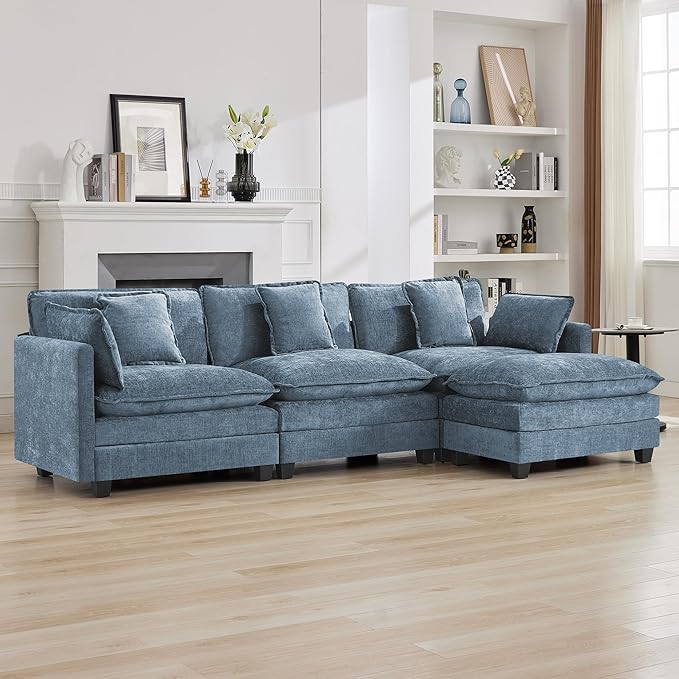 111'' Sectional Cloud Deep Seat Couch, Modern Comfy Chenille L Shaped Sectional Sofa for Living Room Set, Upholstered Modular 4-Seats Sofa Couch with 1 Movable Ottoman, Blue