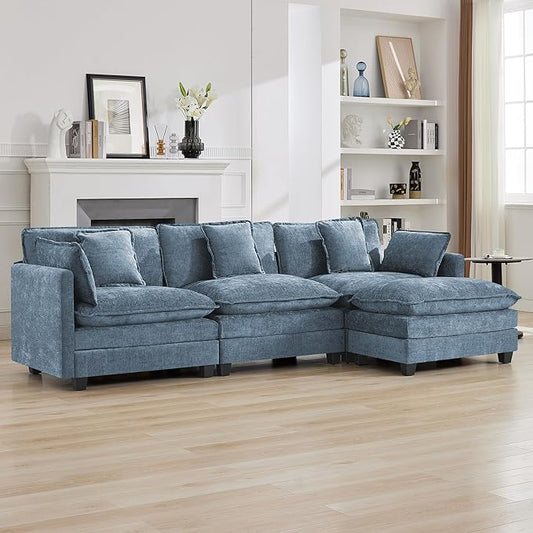 111'' Sectional Cloud Deep Seat Couch, Modern Comfy Chenille L Shaped Sectional Sofa for Living Room Set, Upholstered Modular 4-Seats Sofa Couch with 1 Movable Ottoman, Blue