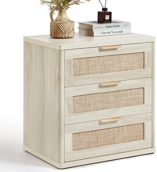 LEYAOYAO Rattan Night Stand with Drawers, 23" Large 3 Drawer Boho Nightstand, Grey White Bedside Table Storage Cabinet, Bed Side End Tables Dresser for Bedroom, Living Room, Hallway, Closet