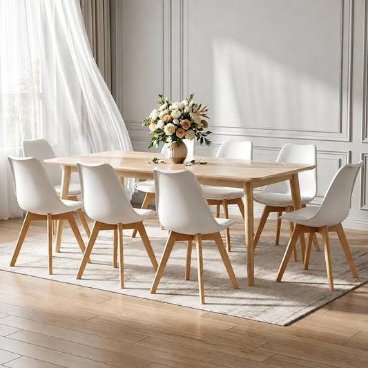 Dining Chairs Set of 8, Modern Upholstered Dining Room Chairs with PU Leather Padded Seat, Armless Kitchen Chairs with Curved Backrest and Solid Wood Legs for Dining Room, Kitchen, Apartment, White