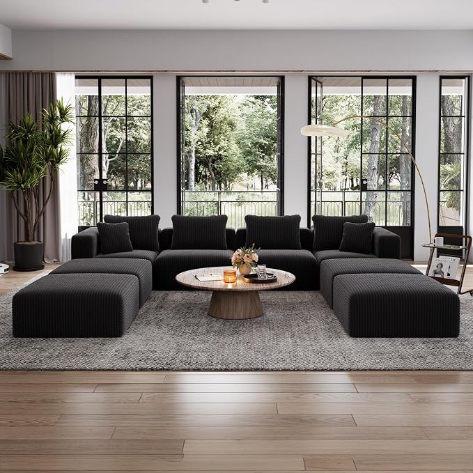 Avenco 141” U-Shaped Modular Sectional Couch Sofa with 4 Ottomans, Individually Wrapped Coil Support & Corduroy Fabric, Zero Assembly 8-Piece Set for Spacious Living Room, Black