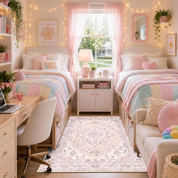 RELEANY Area Rugs 3'x5' Washable Non-Slip, Floral Vintage Distress Medallion Carpet for Living Room Bedroom Dining Room, Pink Greypink Cute
