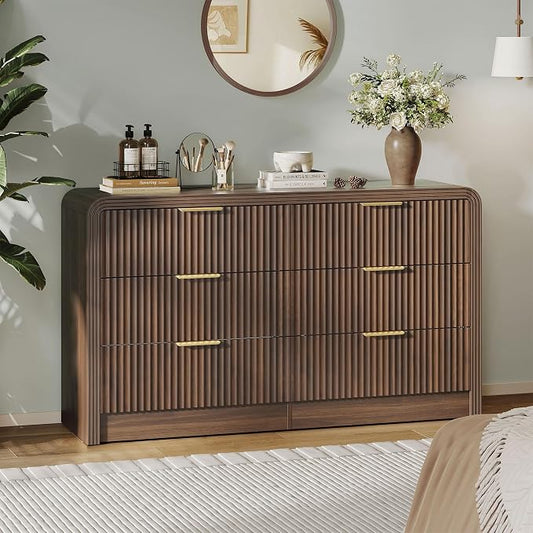 Decofy Fluted Drawers Dresser for Bedroom, Wood Dressers with Gold Handles, Modern Dressers with Wave Texture, Large Storage Chest of Drawers, Bedroom Dresser Organizer 55'' & 6 Drawers (Walnut)