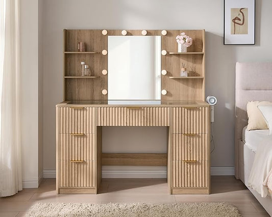 AMERLIFE 47.2" Fluted Vanity Desk with Mirror and Adjustable LED Lights, Large 7 Drawers Makeup Vanity Table with Glass Top and Charging Station for Women and Girls, Bedroom or Dorm, Natural Oak
