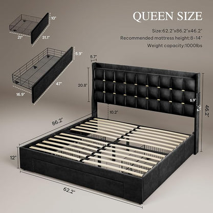 YITAHOME Queen Size Bed Frame with 3 Storage Drawers and RGB LED Lights, Velvet Upholstered Bed with Charging Station and Storage Headboard, No Box Spring Needed, Easy Assembly, Noise-Free, Black
