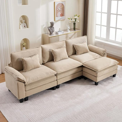 122" Corduroy Modular Sectional Sofa, Convertible L Shaped Modular Sofa Comfy Cloud Couch with Ottoman, Side Pockets and 3 Throw Pillows for Living Room, Kahki, 4 Seats