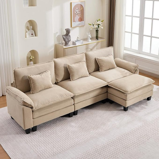 122" Corduroy Modular Sectional Sofa, Convertible L Shaped Modular Sofa Comfy Cloud Couch with Ottoman, Side Pockets and 3 Throw Pillows for Living Room, Kahki, 4 Seats
