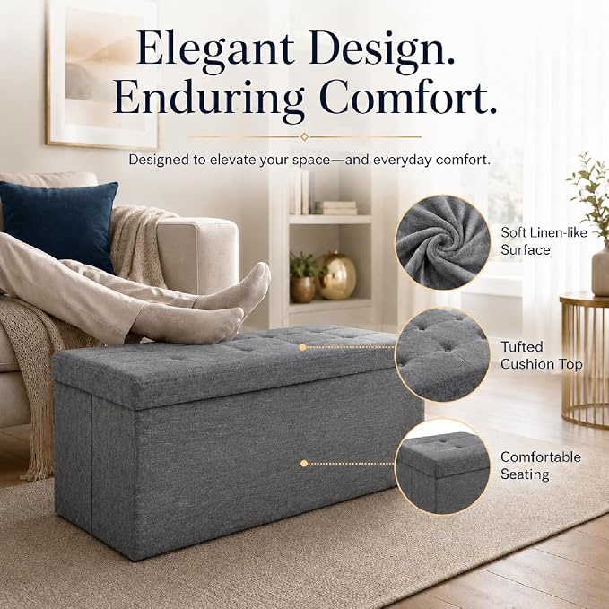 ALASDO 30 Inch Folding Storage Ottoman Bench with Hidden Storage, PU Leather Ottoman Foot Rest Stool, End of Bed Bench for Bedroom, Living Room, Entryway and Closet, Grey