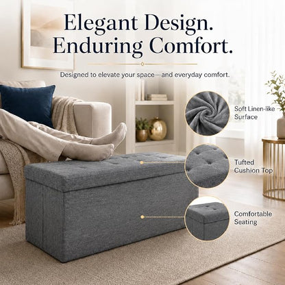 ALASDO 30 Inch Folding Storage Ottoman Bench with Hidden Storage, PU Leather Ottoman Foot Rest Stool, End of Bed Bench for Bedroom, Living Room, Entryway and Closet, Grey