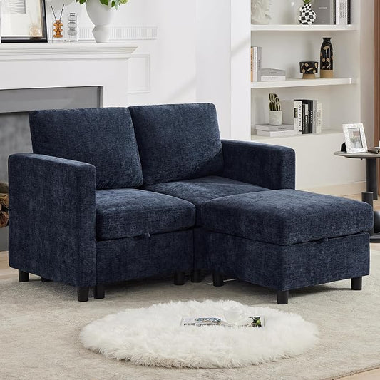 WUTUTUEE 58'' Modular Sectional Loveseat Sofa with Storage, Comfy Office L Shaped Sofa Couch, Chenille Love Seat Modular Sectional Couch with Movable Ottoman for Living Room, Bedroom, Navy