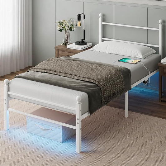 Twin Size Bed Frame with Headboard - Metal Platform Bed with LED Lights, Charging Station, Under Bed Storage and Heavy Duty Steel Slats Support - No Box Spring Needed, Easy Assembly, White
