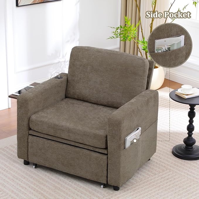 3 in 1 Folding Convertible Sleeper Sofa Bed Pull Out Couch with Side Pockets USB Port Side Table Single Sofa Bed with Adjustable Backrest for Living Room Bedroom 66" Darkbrown 1 SEAT