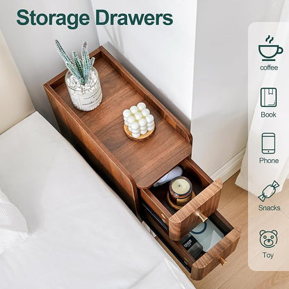 Narrow End Table Bedroom, Wooden Small 2 Drawer Nightstand, Thin Couch Side End Table, Skinny Bedside Table Small Spaces, Mid Century Modern Night Stand with Drawers (Walnut-1 pc)