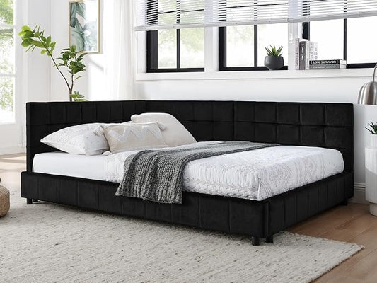 KEIKI Full Size L Shape Corner Bed Frames with Backrest and Armrests, Velvet Upholstered Sofa Daybed for Small Room, Living Room, Bedroom, Guest Room, Kids' Room