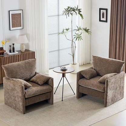 Chenille Oversized Armchair Set of 2, 34" Wide Accent Chair for Living Room Bedroom Modern Upholstered Lounge Chair Mid-Century Reading Chair Comfy Single Sofa Chair, Brown