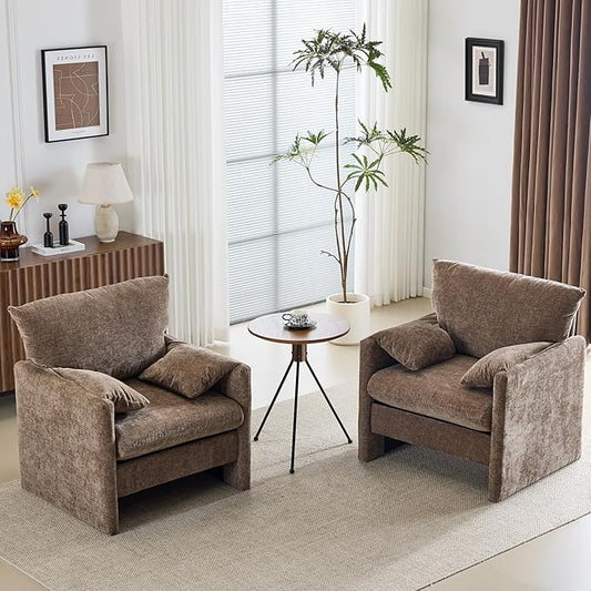 Chenille Oversized Armchair Set of 2, 34" Wide Accent Chair for Living Room Bedroom Modern Upholstered Lounge Chair Mid-Century Reading Chair Comfy Single Sofa Chair, Brown