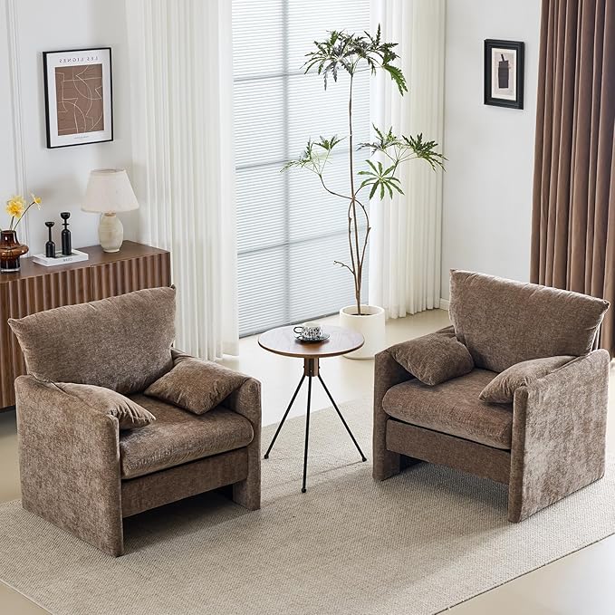 Chenille Oversized Armchair, 34" Wide Accent Chair for Living Room Bedroom Modern Upholstered Lounge Chair Mid-Century Reading Chair Comfy Single Sofa Chair, Brown