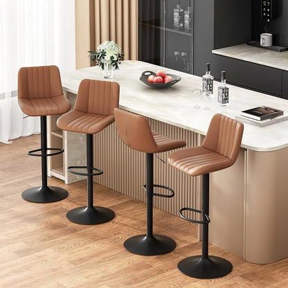 JAMFLY Modern Leather Bar Stools – Swivel & Height-Adjustable Bar Chairs with Footrest, Ergonomic Design for Kitchen Island, Home & Commercial Bar – Set of 4, Brown