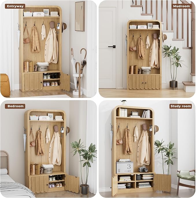Narrow Hall Tree with Bench and Shoe Storage, Arched Entryway Coat Rack with Adjustable Shoe Cabinet,8 Hooks, Modern Rustic Mudroom Storage Organizer with Scalloped Wave Fluted Doors (Nature Oak)