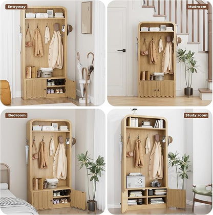 Narrow Hall Tree with Bench and Shoe Storage, Arched Entryway Coat Rack with Adjustable Shoe Cabinet,8 Hooks, Modern Rustic Mudroom Storage Organizer with Scalloped Wave Fluted Doors (Nature Oak)