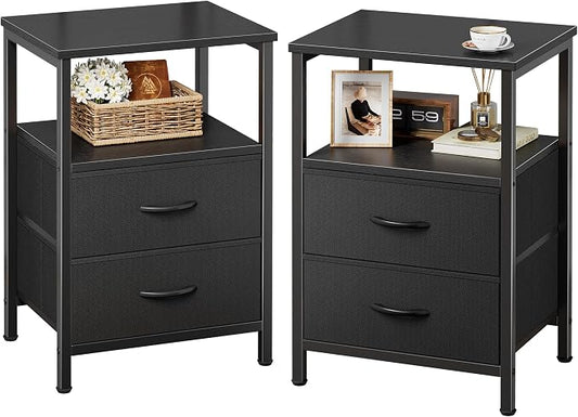 Huuger Night Stand Set of 2, Nightstand with 2 Drawers, Bed Side Table with Open Shelf, Wooden Top, End Table, Fabric Drawer, for Bedroom, Black