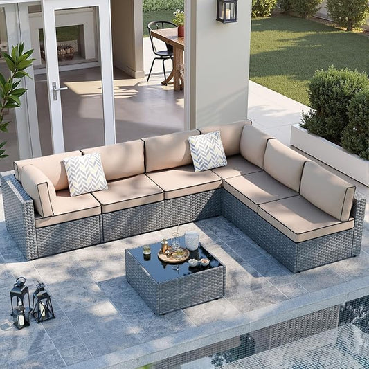 SUNLEI 7pcs Patio Conversation Sets Outdoor Furniture Sets, High Back All-Weather Rattan Sectional Sofa with Tea Table&Washable Couch Cushions(Silver Rattan)(Khaki)